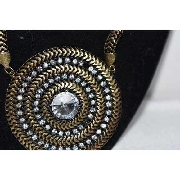 Chico's Boho Round Bronze Rhinestone Pendant Statement 22 inch Necklace - Picture 2 of 5